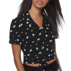 Hot Topic Alien Print TieFront Crop Woven ButtonUp XL Black